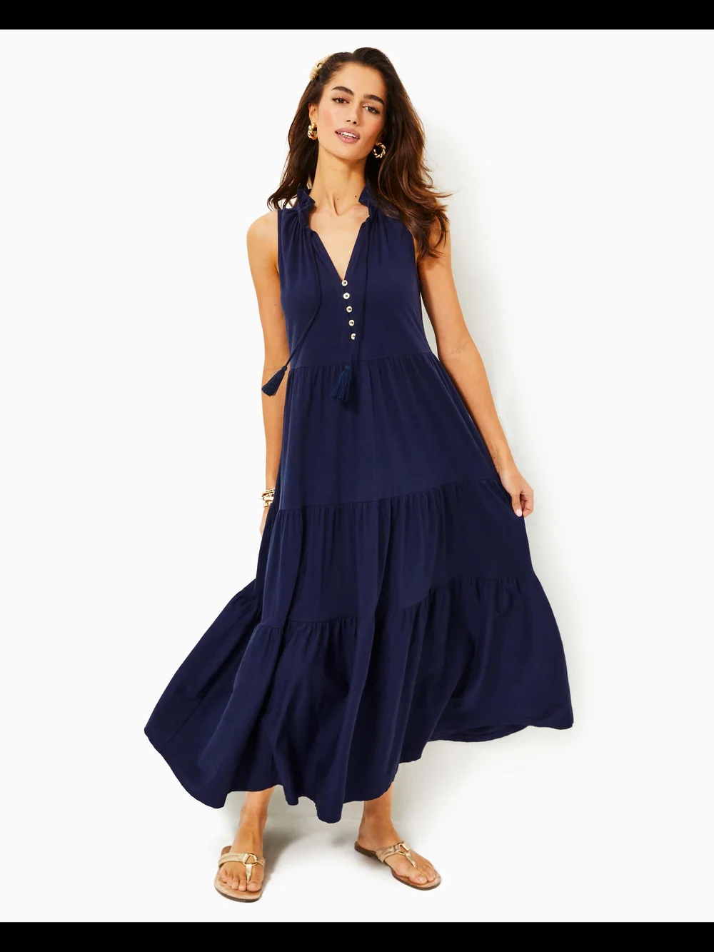 Lilly Pulitzer Navy Sleeveless Tiered Maxi Dress with Button V-Neck - Picture 1 of 6